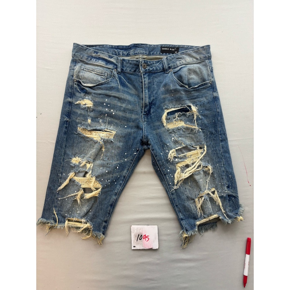 Smoke Rise Mens Distressed Paint Splatter Denim Shorts Blue Size 36 Streetwear